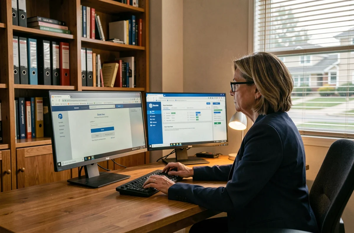 Femme utilisant un double écran pour se connecter à un portail extranet depuis son bureau à domicile