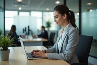 Employée de bureau connectée à un portail RH en ligne sur un ordinateur portable dans un open space moderne