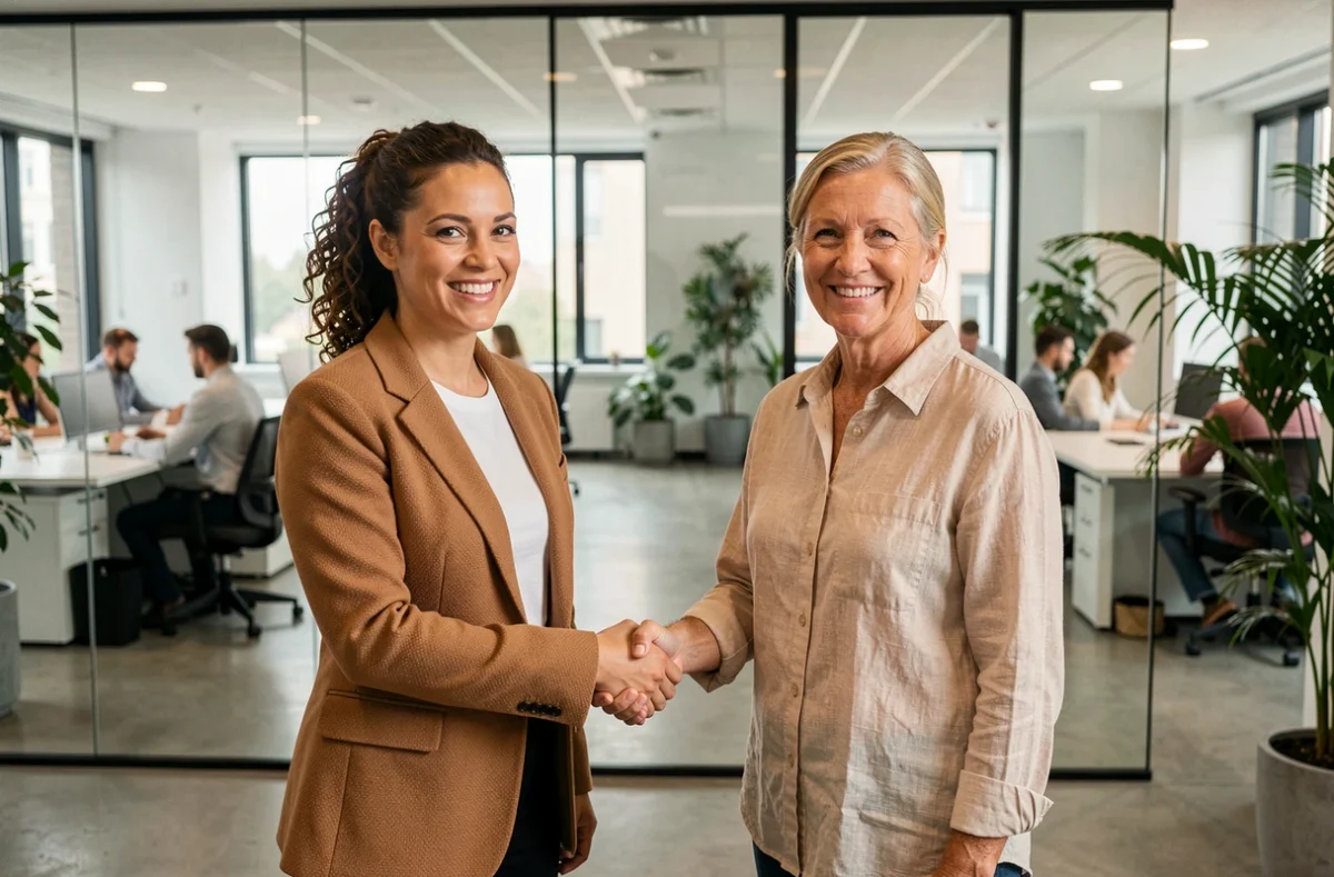 Consultant en portage salarial concluant un accord commercial avec une cliente particulière dans un bureau moderne