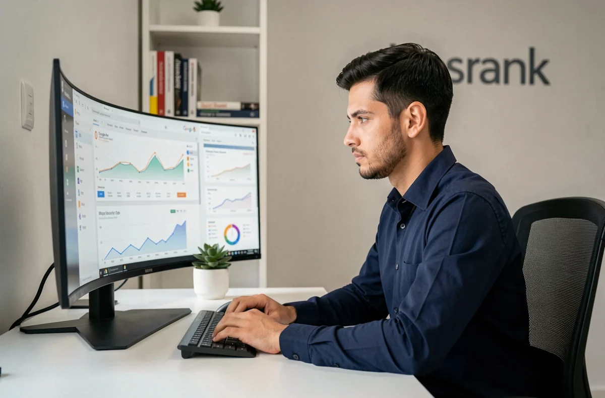 Spécialiste Google Ads de l'agence Adsrank analysant des performances de campagnes publicitaires sur un écran