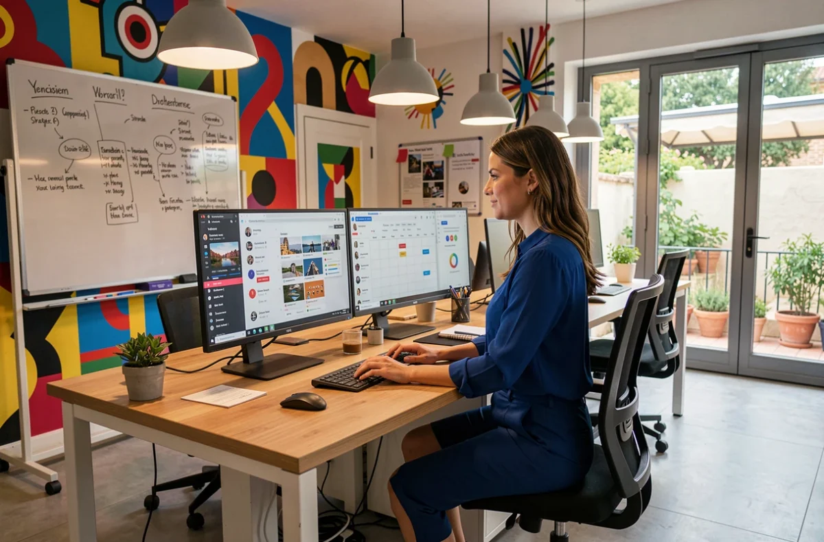 Spécialiste en marketing digital de l'Agence Digital Plus à Aix-en-Provence gérant des campagnes sur les réseaux sociaux depuis son poste de travail