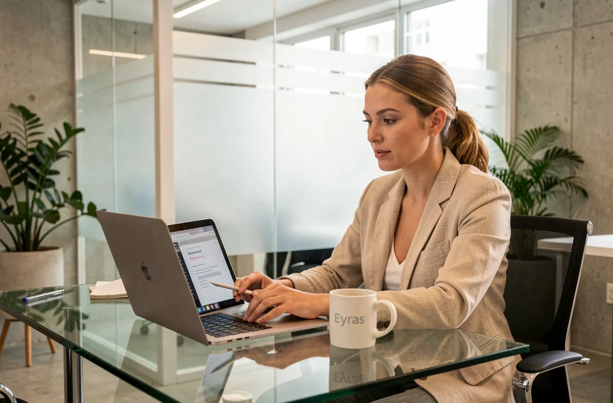 Stratège digitale de l'agence Eyras travaillant sur une campagne Google Ads dans un bureau contemporain