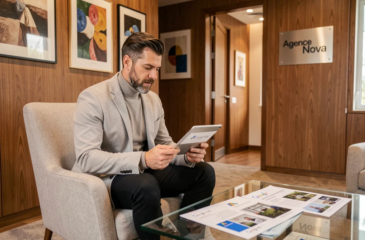 Directeur créatif de l'Agence Nova révisant des concepts publicitaires Google Ads dans un bureau au design premium