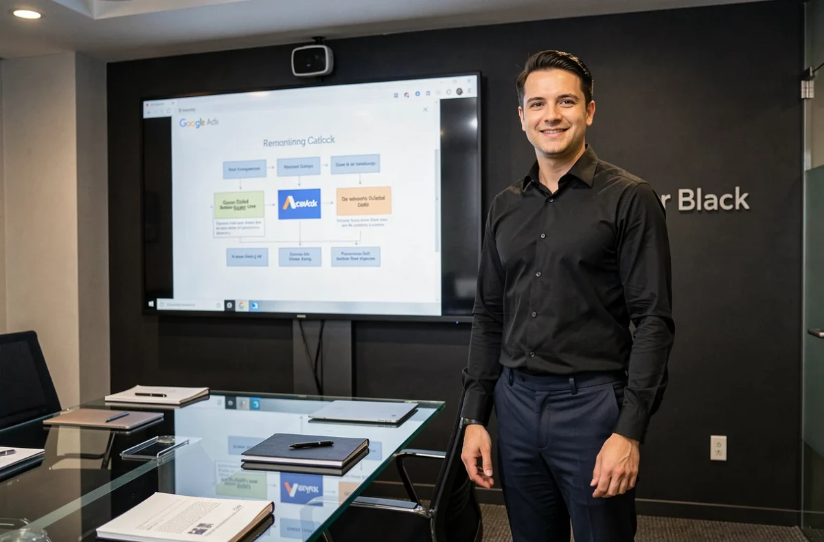 Directeur marketing de l'agence Oscar Black présentant une stratégie Google Ads dans une salle de réunion moderne