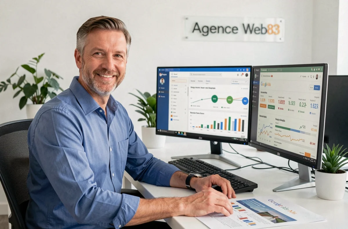 Manager de l'Agence Web83 consultant un tableau de bord Google Ads avec des données de performance régionales