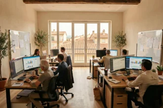 Vue d'ensemble d'une agence Google Ads moderne dans le Var avec des professionnels travaillant sur des campagnes publicitaires numériques