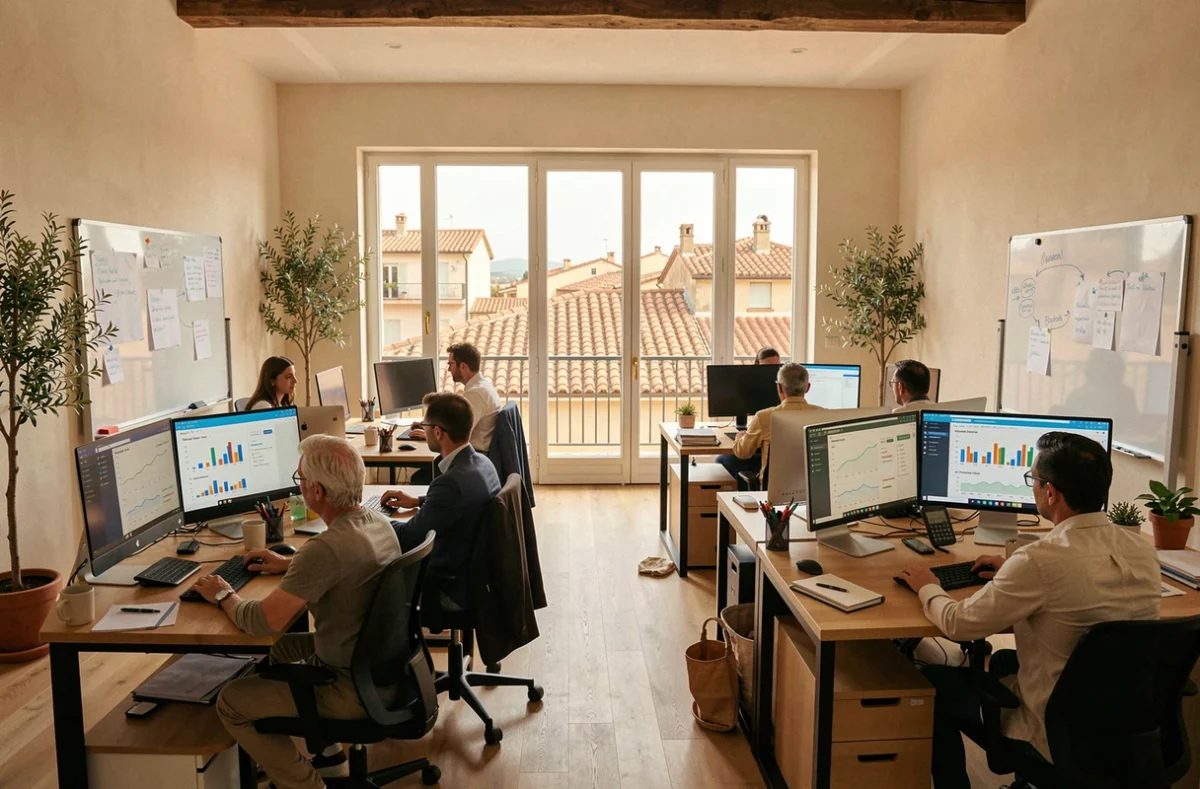 Vue d'ensemble d'une agence Google Ads moderne dans le Var avec des professionnels travaillant sur des campagnes publicitaires numériques