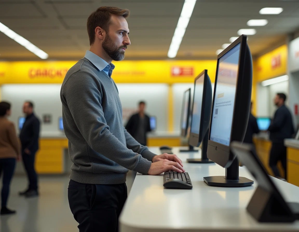 Agent La Poste consultant un ordinateur au guichet pour accéder à l'extranet officiel GTm