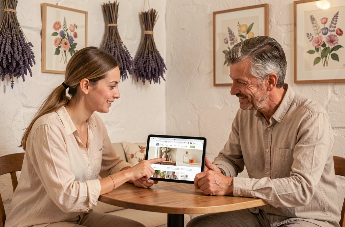 Consultante digitale de l'agence Akylia à Grasse présentant une solution web sur mesure à une PME locale spécialisée dans la parfumerie