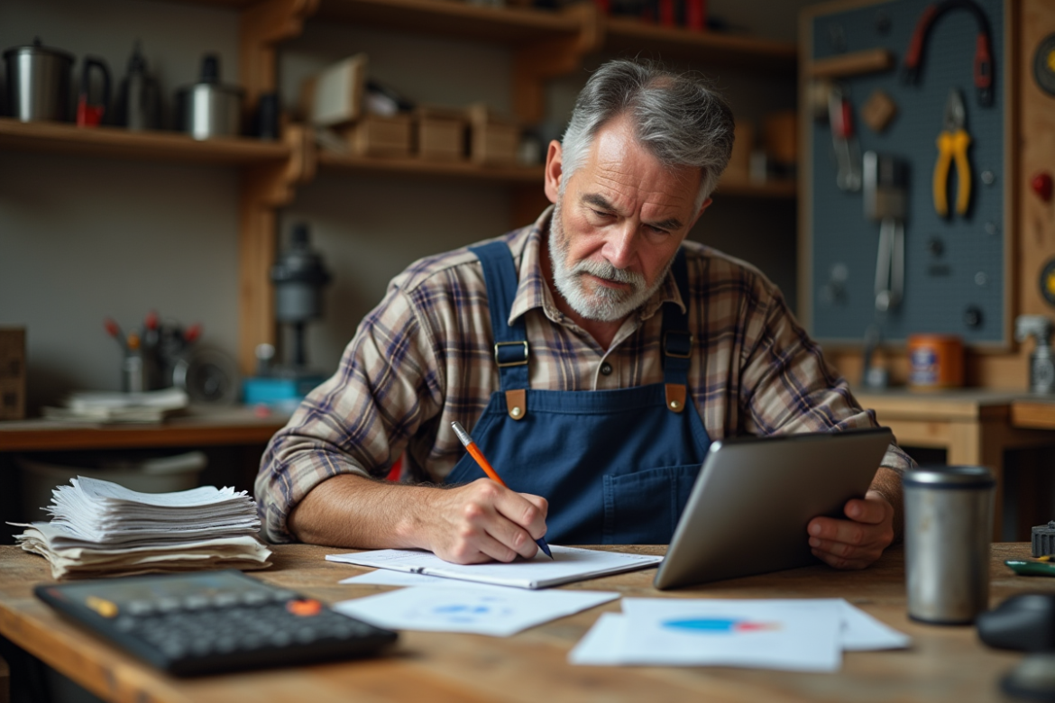 Artisan homme en atelier concentré sur ses calculs