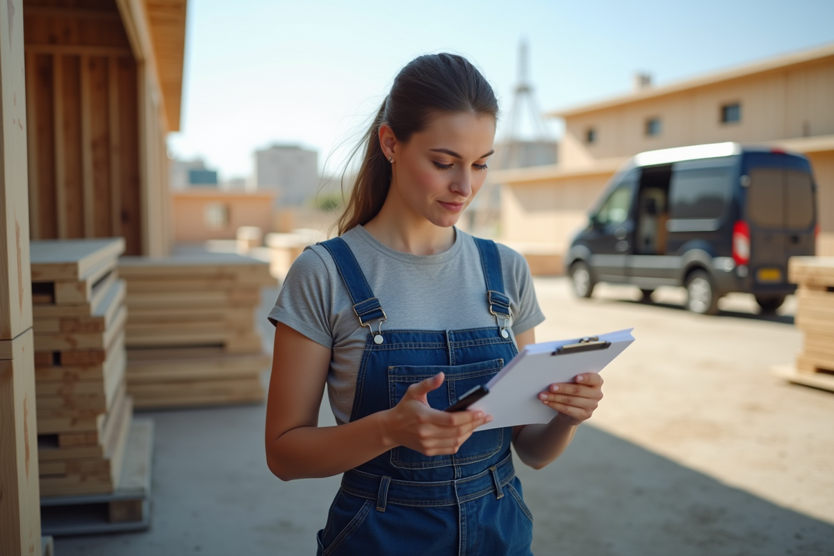 Jeune femme artisan vérifiant une facture sur le chantier