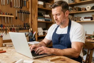 Artisan masculin en tablier bleu marine complétant son profil professionnel en ligne sur un ordinateur portable dans son atelier