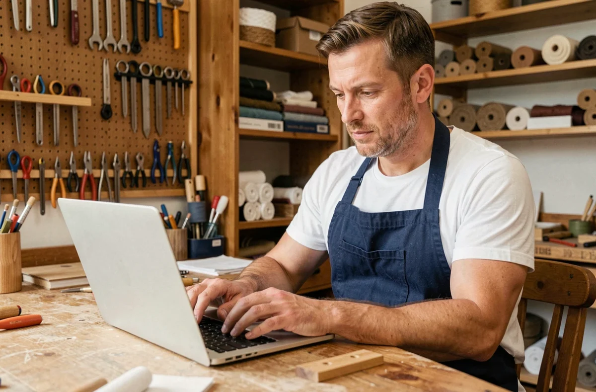 Artisan masculin en tablier bleu marine complétant son profil professionnel en ligne sur un ordinateur portable dans son atelier