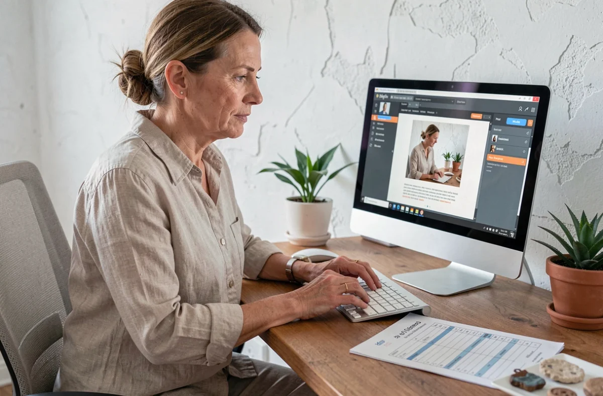 Artisane consultant son profil sur une plateforme artisanale depuis un bureau à domicile avec une liste de vérification imprimée