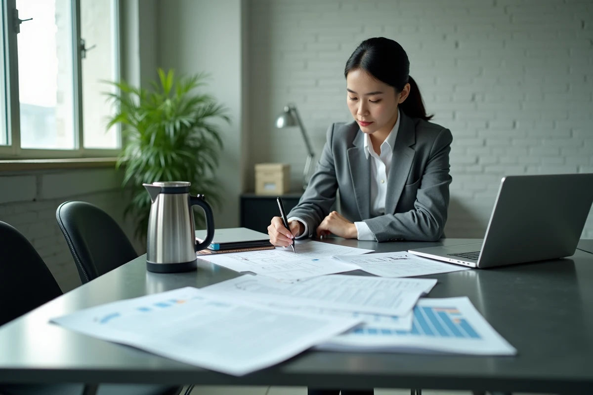 Auditrice qualité analysant des documents de conformité CE dans une salle de réunion d'usine en Chine