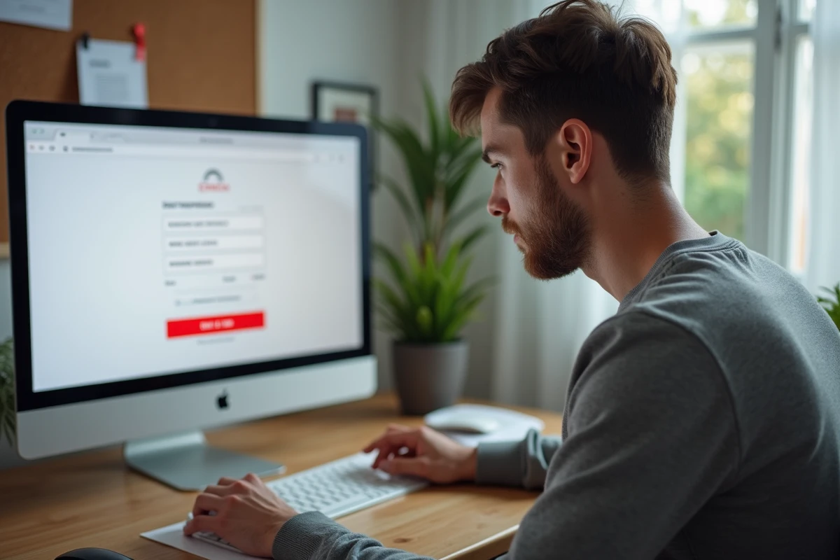 Jeune homme face à un message d'erreur de connexion sur un portail professionnel depuis son bureau à domicile