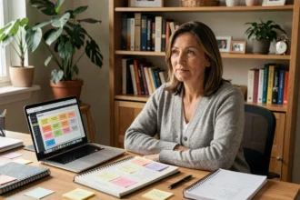 Femme en télétravail gérant une boîte à idées virtuelle sur ordinateur depuis son bureau à domicile