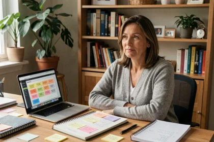 Femme en télétravail gérant une boîte à idées virtuelle sur ordinateur depuis son bureau à domicile