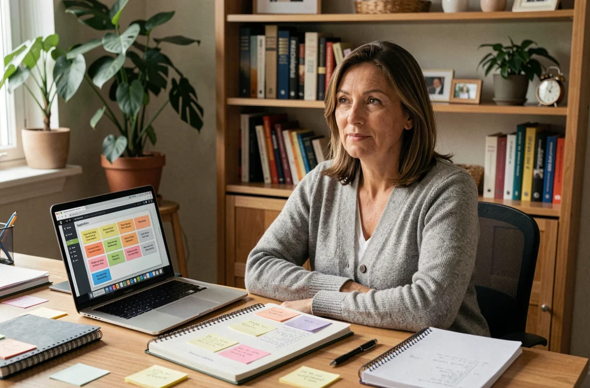Femme en télétravail gérant une boîte à idées virtuelle sur ordinateur depuis son bureau à domicile