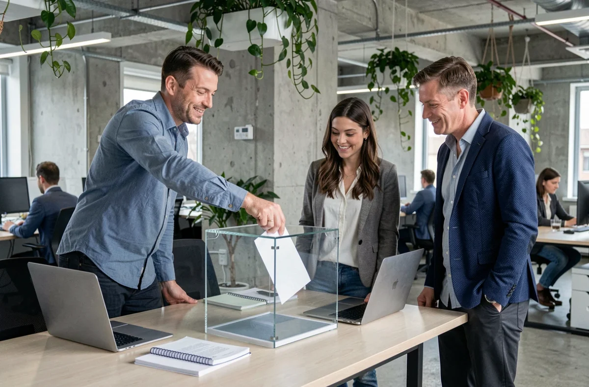 Équipe de collègues en open space déposant des idées dans une boîte à suggestions en verre sur une table de bureau moderne