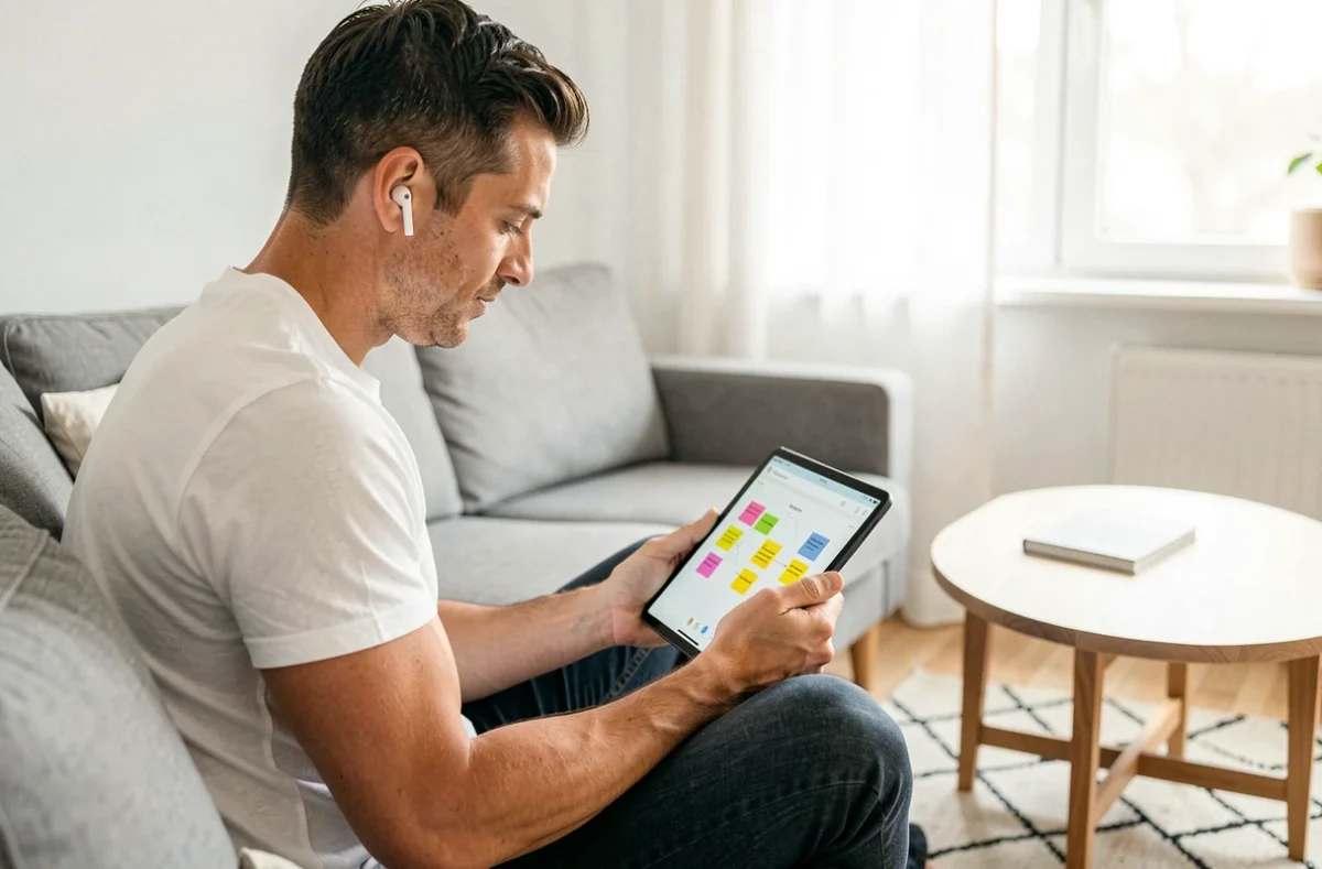 Homme en télétravail utilisant une application de brainstorming collaboratif sur tablette dans son salon minimaliste