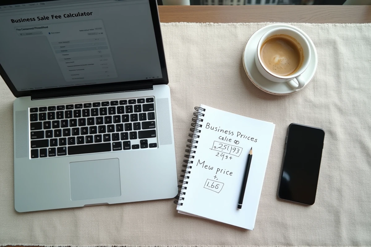 Vue aérienne d'un bureau avec calculette en ligne de frais de cession de fonds de commerce, cahier de calculs et café
