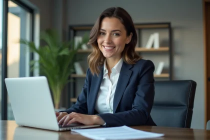 Femme d'affaires souriante utilisant un ordinateur portable dans un bureau moderne