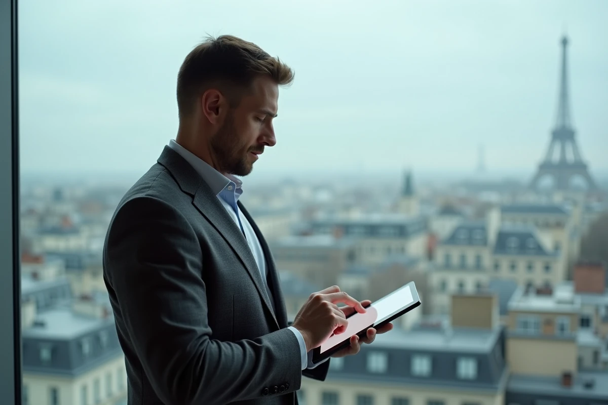 Cadre BNP Paribas utilisant l'application RH Alis sur tablette avec vue sur Paris en arrière-plan