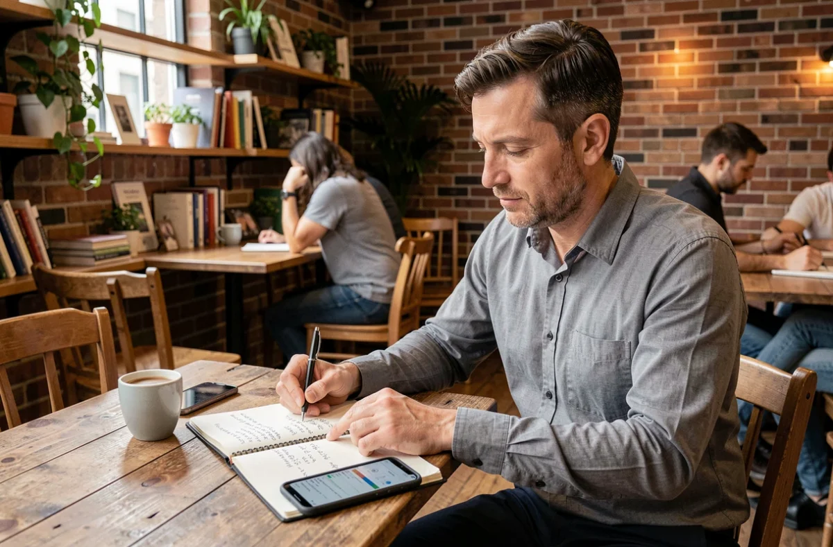 Freelance en portage salarial calculant ses honoraires et son taux journalier dans un café
