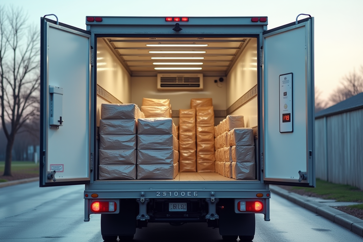 Camion frigorifique avec portes ouvertes et produits emballes visibles