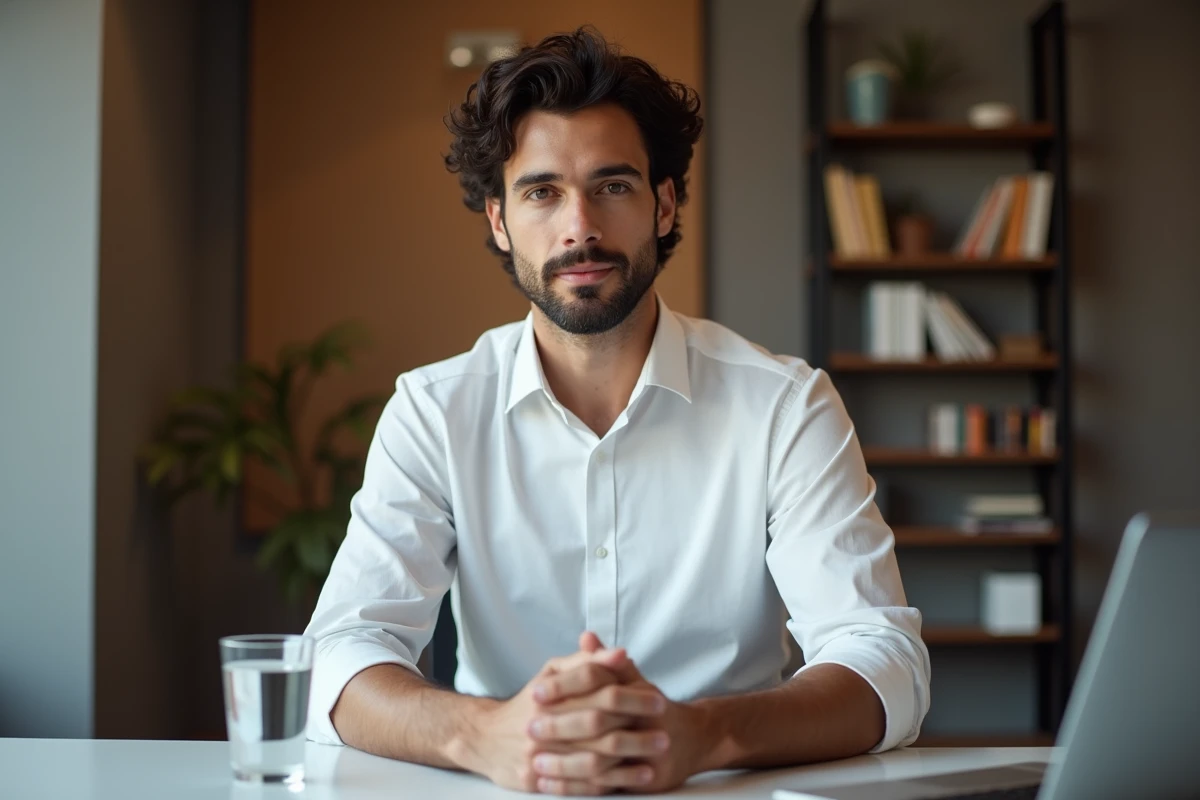 Chef d'entreprise dans le domaine de l'IA en interview dans une salle de conférence minimaliste, illustrant la prestance et la stature d'un leader technologique