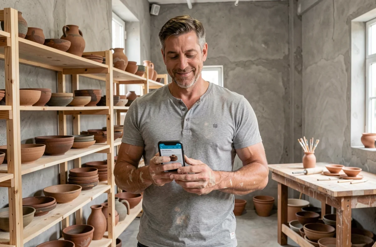 Artisan céramiste debout dans son atelier mettant à jour son annuaire professionnel sur smartphone entouré de ses créations