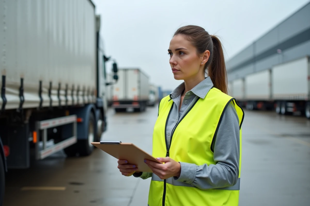 Chauffeuse routière en gilet haute visibilité consultant un tableau de bord de planning des heures de travail devant un entrepôt logistique