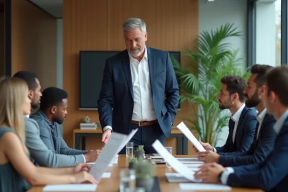 Homme en costume navy distribuant des notes à une équipe