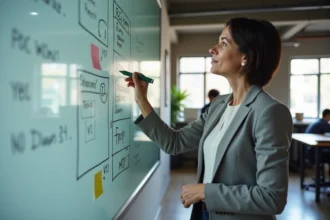Cheffe de projet agile devant un tableau blanc avec des post-its illustrant les étapes POC, MVP et V1 d'un projet digital