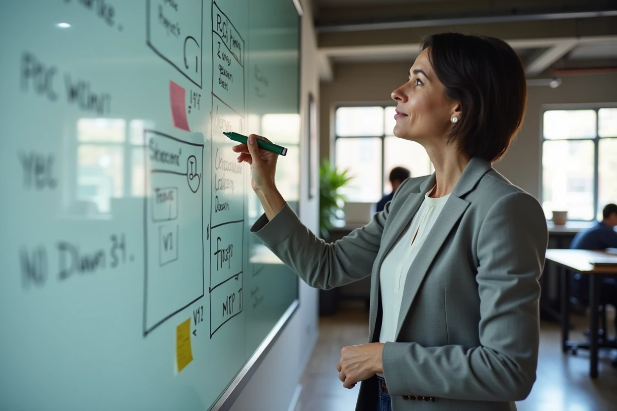 Cheffe de projet agile devant un tableau blanc avec des post-its illustrant les étapes POC, MVP et V1 d'un projet digital