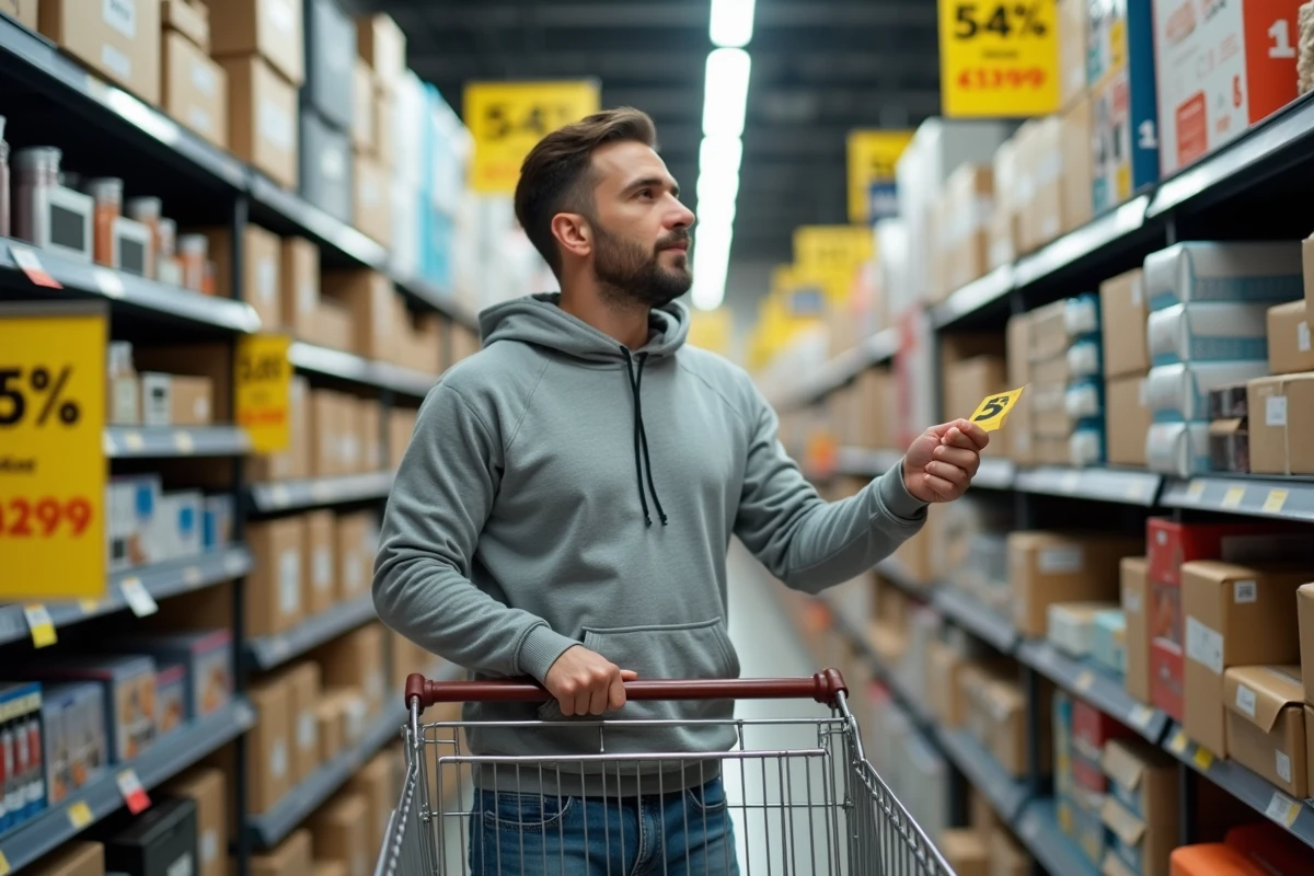 Client masculin dans un magasin discount examinant des produits soldés dans un rayon de déstockage, contexte de difficultés du marché discount en France