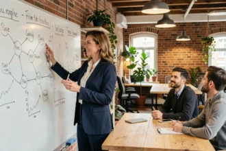 Coach business présentant une stratégie de croissance à des dirigeants de PME dans un espace de coworking moderne à Toulouse