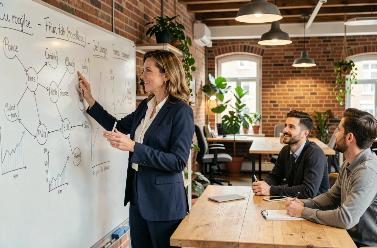 Coach business présentant une stratégie de croissance à des dirigeants de PME dans un espace de coworking moderne à Toulouse