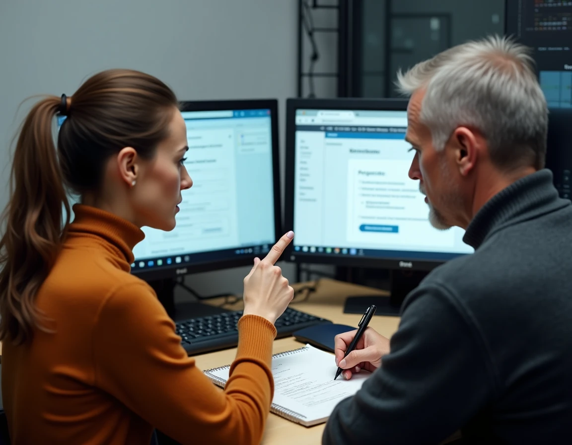 Deux collaborateurs RH qui configurent ensemble le logiciel Silae sur un poste de travail partagé