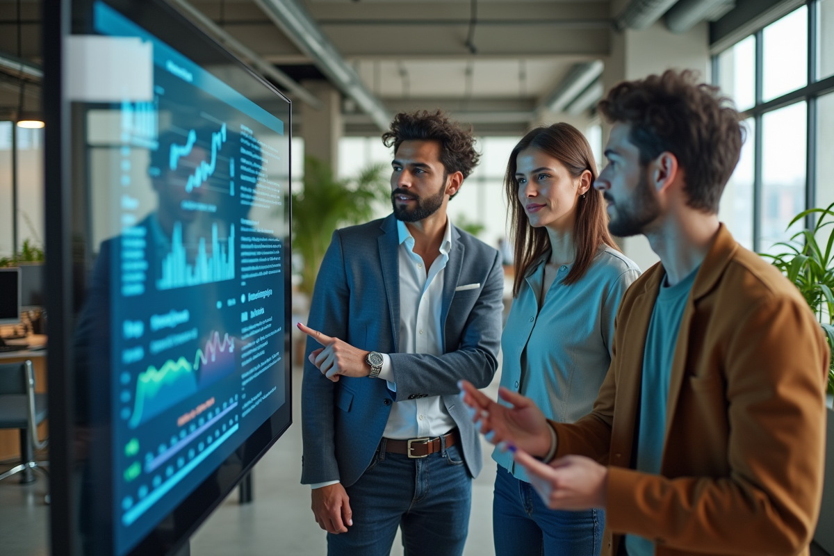 Groupe de professionnels collaborant autour d un écran tactile
