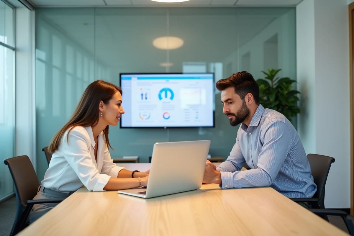 Deux collègues BNP Paribas consultant ensemble le tableau de bord RH Alis en salle de réunion