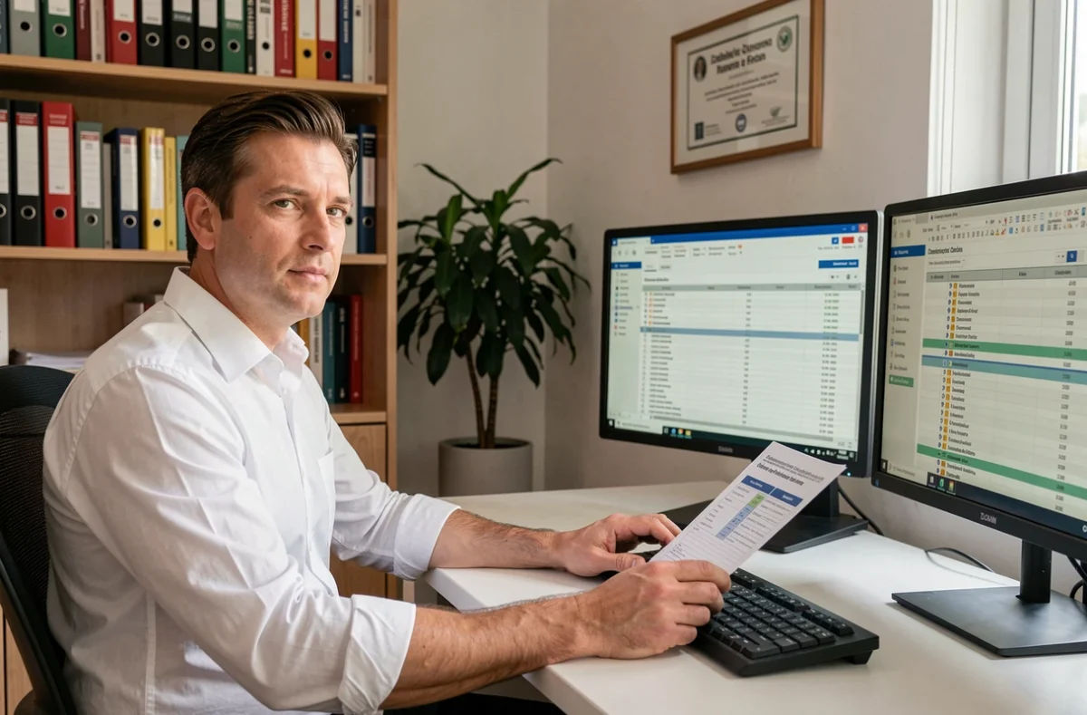 Comptable vérifiant la conformité fiscale sur le portail DGFiP B2B depuis son bureau professionnel