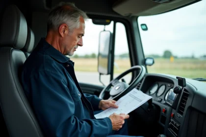 Conducteur routier dans la cabine de son camion examinant sa fiche de paie avec les heures supplémentaires et de nuit