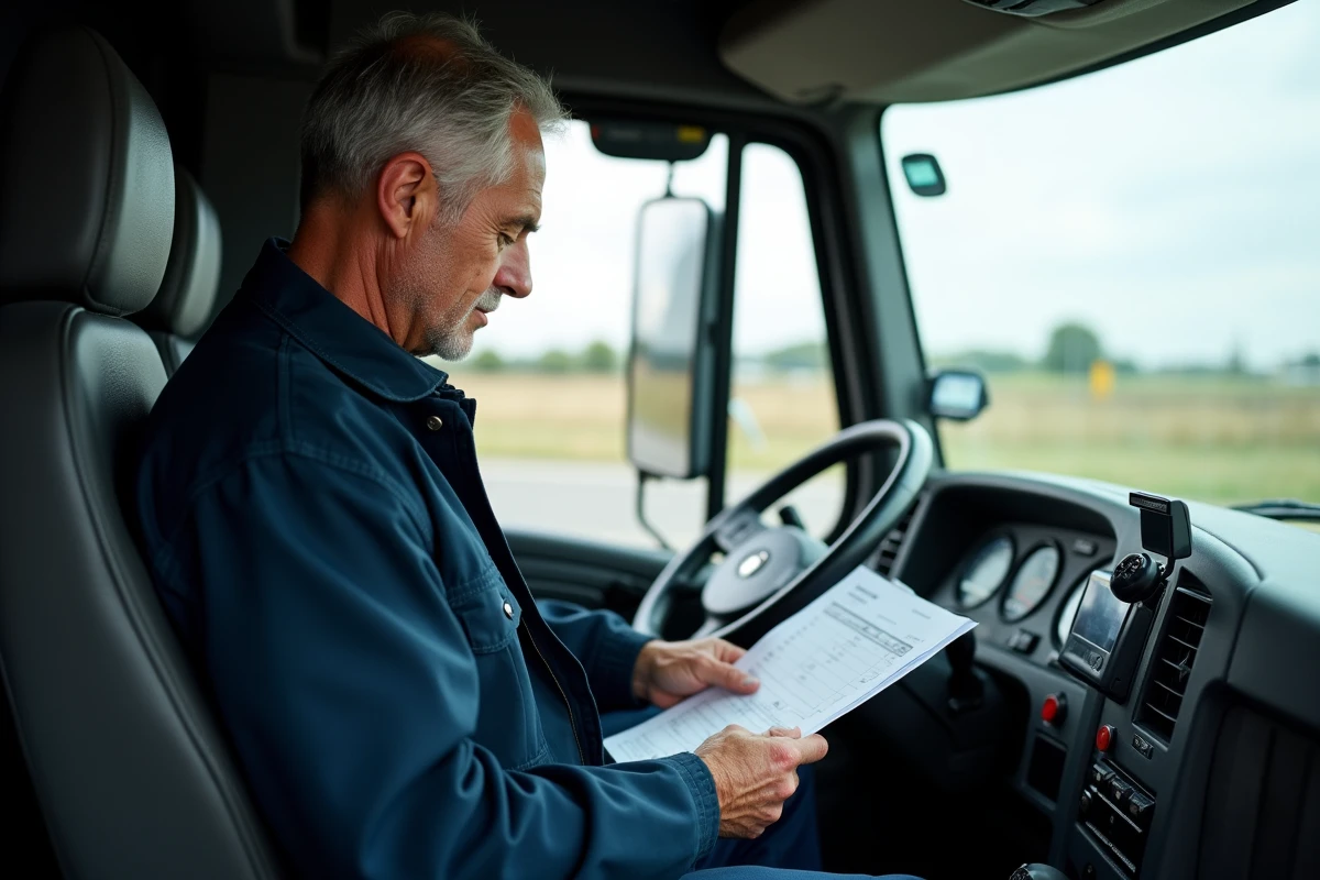 Conducteur routier dans la cabine de son camion examinant sa fiche de paie avec les heures supplémentaires et de nuit