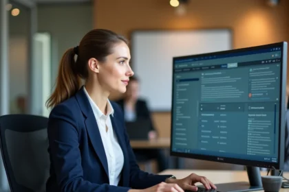 Femme professionnelle configurant un logiciel RH Silae sur un ordinateur de bureau dans un open space moderne