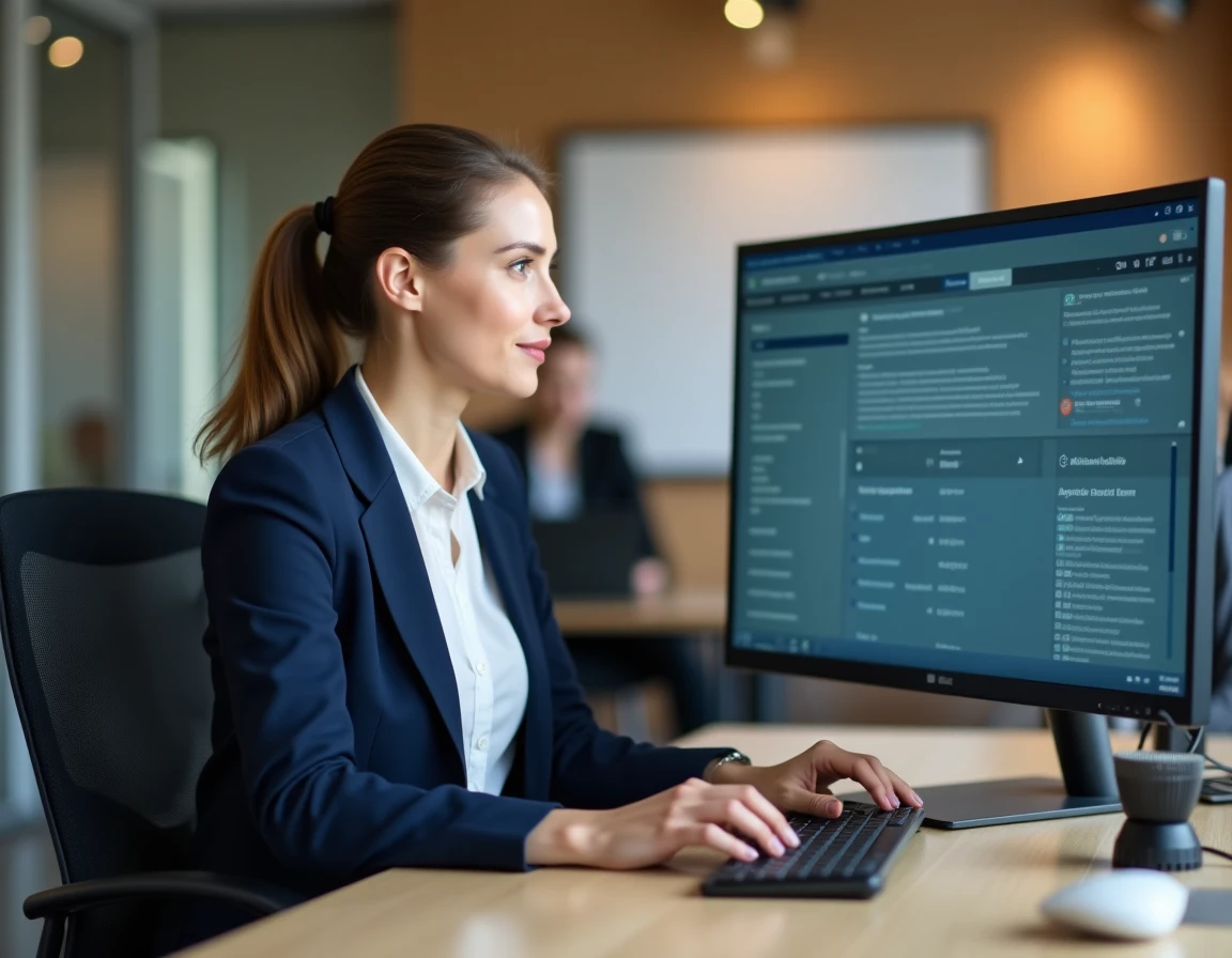 Femme professionnelle configurant un logiciel RH Silae sur un ordinateur de bureau dans un open space moderne