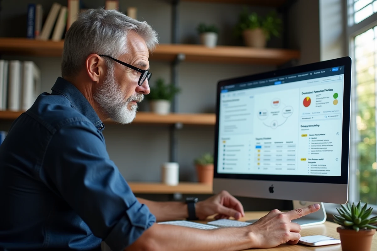 Homme expert en technologie configurant une redirection de domaine sur un écran dans un bureau à domicile