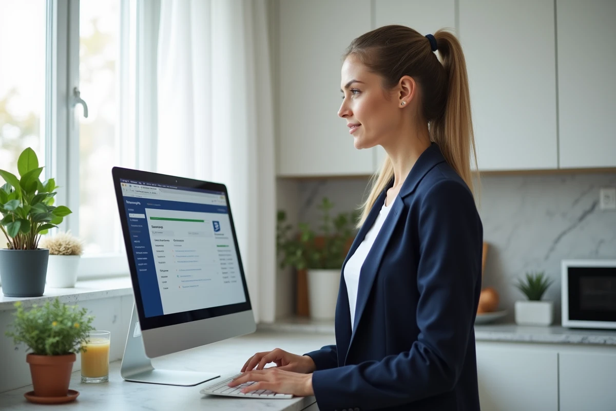 Employée de La Poste accédant à son espace RH en ligne depuis son domicile sur ordinateur
