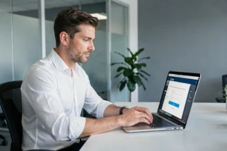 Professionnel connecté à un extranet sécurisé sur son ordinateur portable dans un bureau moderne